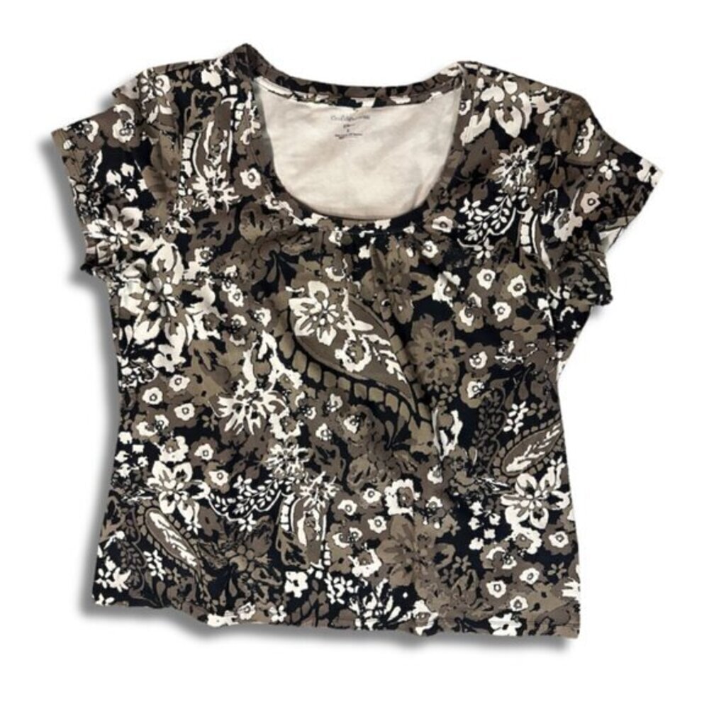 Black Brown Beige flower print Stretch Top/Blouse L Croft&Barrow Short sleeves